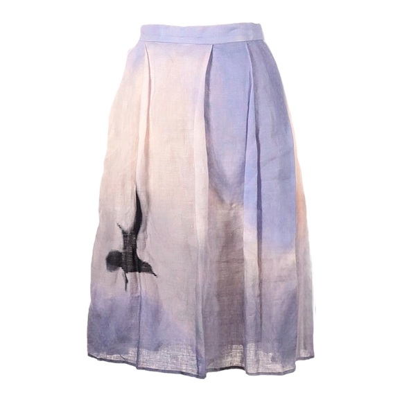 Agnes B. Dresses & Skirts - Agnes B. Purple Watercolor Bird Print 100% Linen Midi Skirt Size 4 (36)